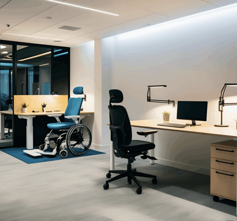 Two modern office workstations are shown, one featuring an adjustable desk with a wheelchair and an ergonomic office chair, and the other with a similar desk, ergonomic chair, and a computer monitor. The office space is well-lit with clean lines.